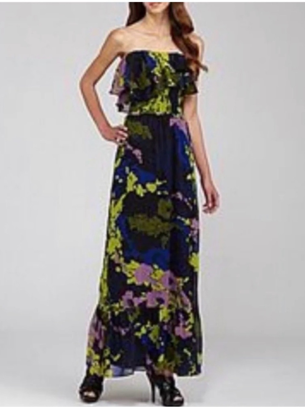 Strapless Floral Ruffle Maxi Dress